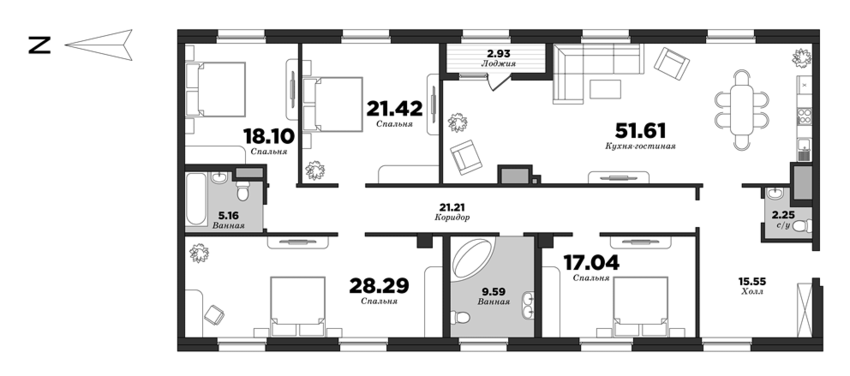 NEVA HAUS, Корпус 1, 4 спальни, 189.49 м² | планировка элитных квартир Санкт-Петербурга | М16